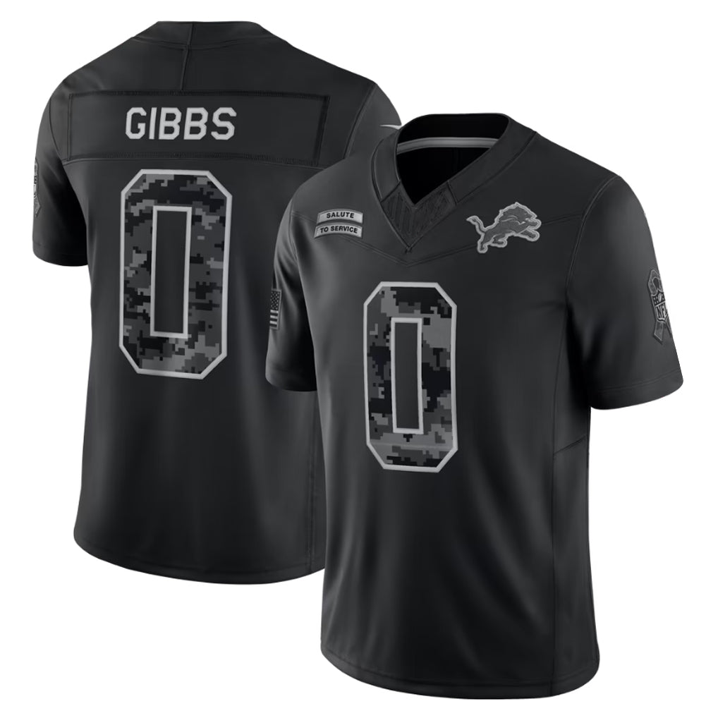 Reast D.Lions #0 Jahmyr Gibbs Player Black Limited 2026 Salute to Service Home Game Stitched Jerseys