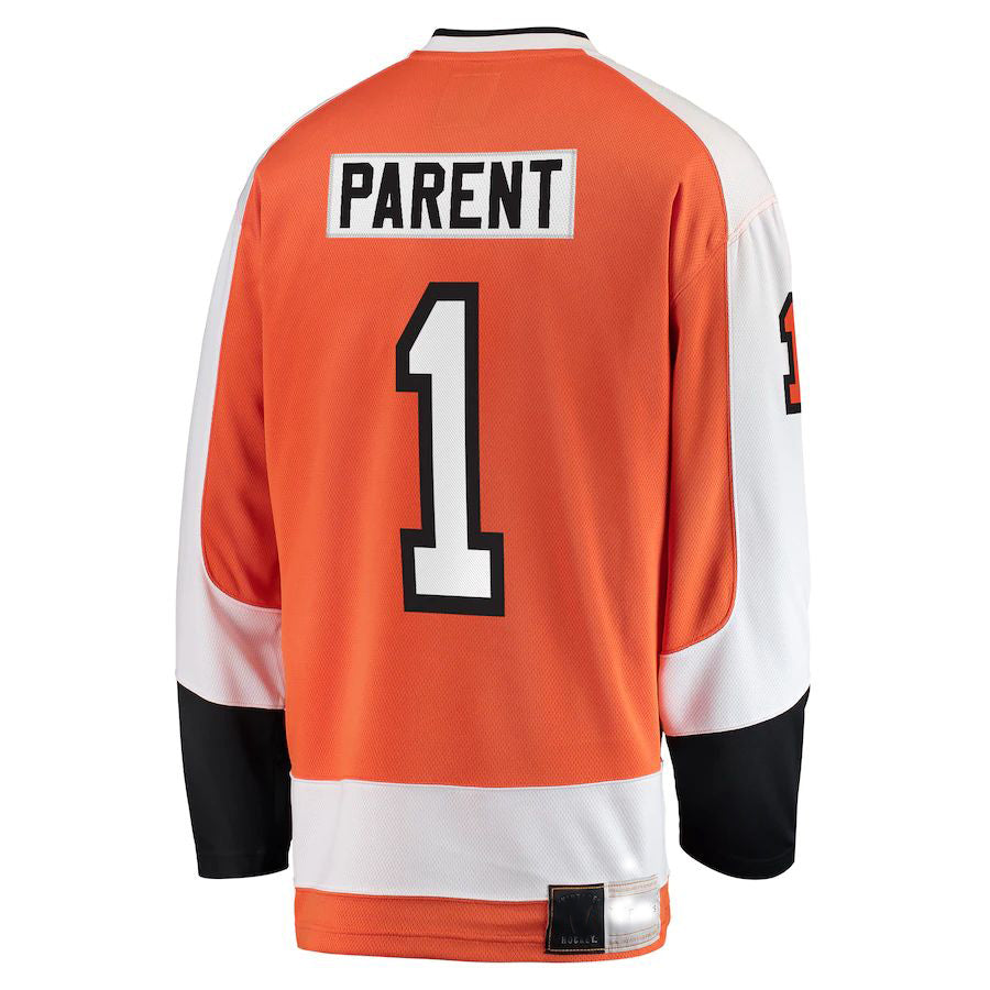 P.Flyers #1 Bernie Parent Supporters Branded Premier Breakaway Retired Player Jersey  Orange Stitched American Hockey Jerseys