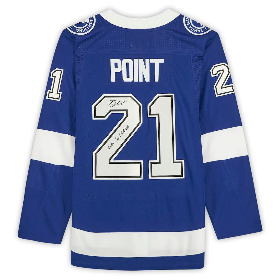 TB.Lightning #21 Brayden Point Supporters Authentic Autographed with 2020 SC Champs Inscription Blue Stitched American Hockey Jerseys