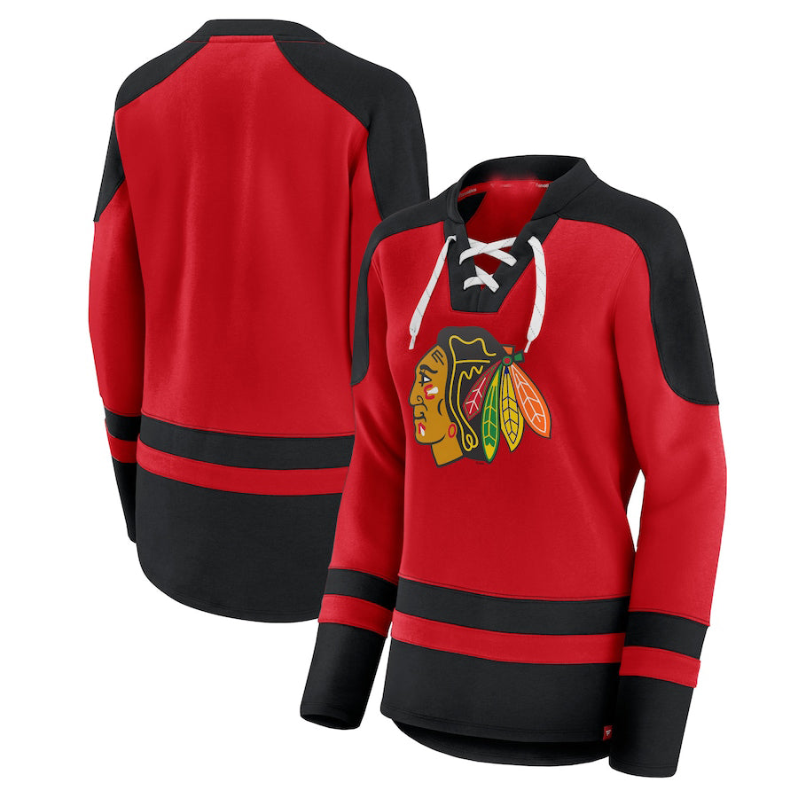 C.Blackhawks Supporters Branded Net Gain Fleece V-Neck Pullover Sweatshirt Red Black Stitched American Hockey Jerseys