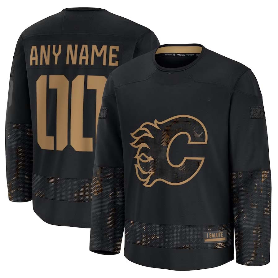 Custom C.Flames Supporters 2024 Military Appreciation Personalized Long Sleeve Practice Jersey - Black Stitched American Hockey Jerseys