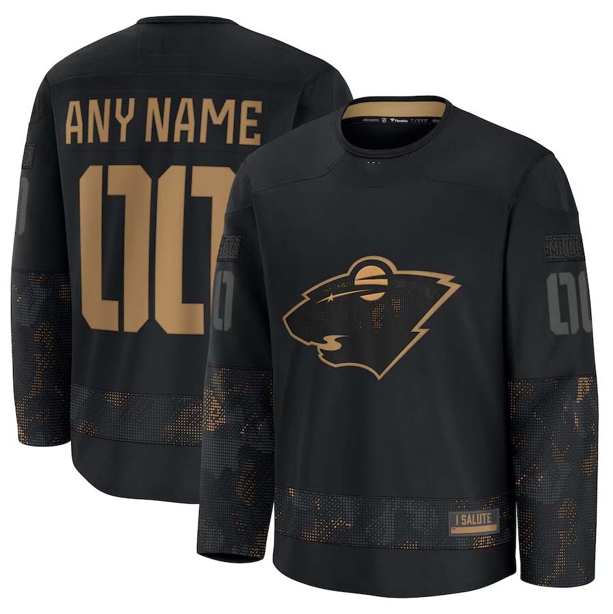 Custom M.Wild Supporters 2024 Military Appreciation Personalized Long Sleeve Practice Jersey - Black Stitched American Hockey Jerseys