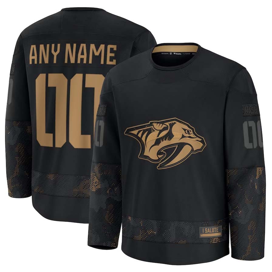 Custom N.Predators  Supporters 2024 Military Appreciation Personalized Long Sleeve Practice Jersey - Black Stitched American Hockey Jerseys