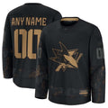 Custom SJ.Sharks Supporters 2024 Military Appreciation Personalized Long Sleeve Practice Jersey - Black Stitched American Hockey Jerseys
