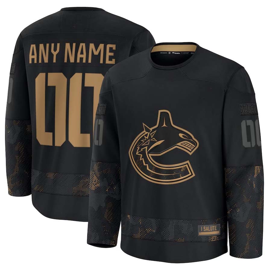 Custom V.Canucks Supporters 2024 Military Appreciation Personalized Long Sleeve Practice Jersey - Black Stitched American Hockey Jerseys