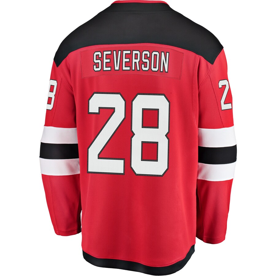 NJ.Devils #28 Damon Severson Supporters Branded Home Breakaway Player Jersey Red Stitched American Hockey Jerseys