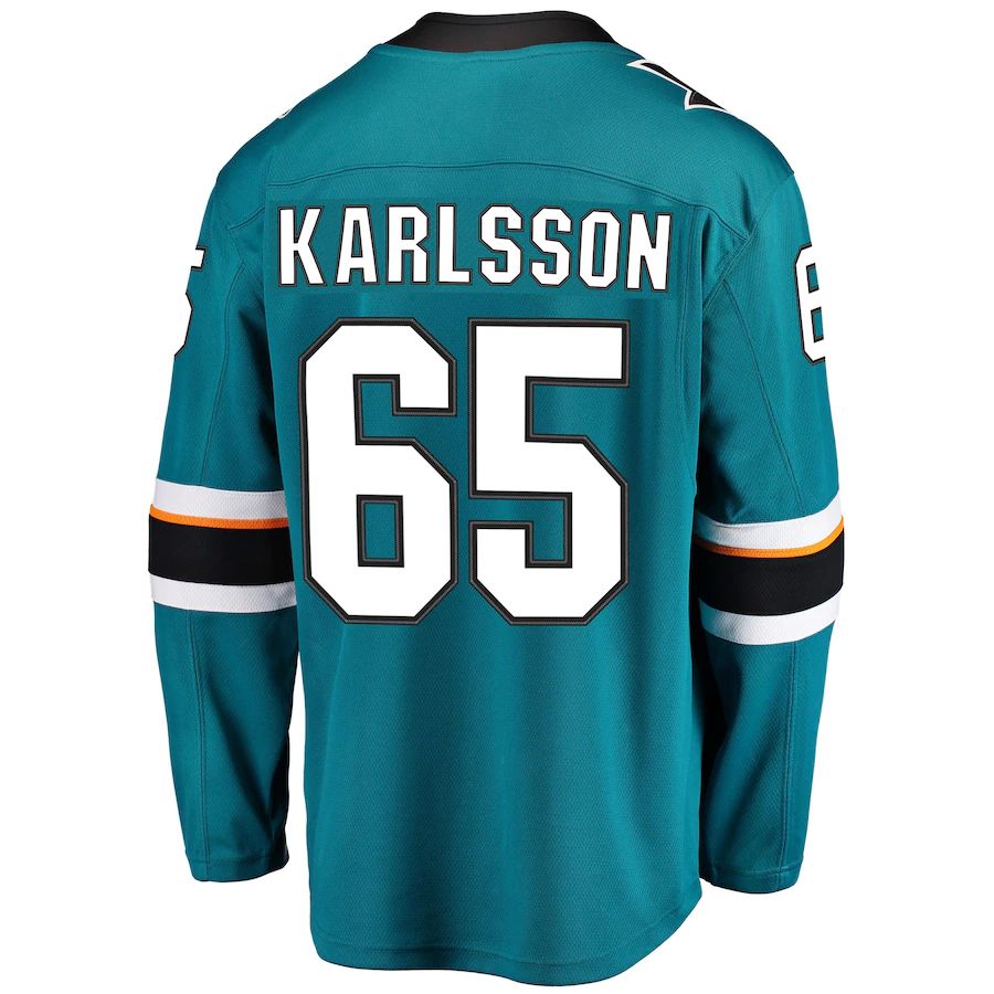 SJ.Sharks #65 Erik Karlsson Supporters Branded 2021-22 Home Premier Breakaway Player Jersey Teal Stitched American Hockey Jerseys
