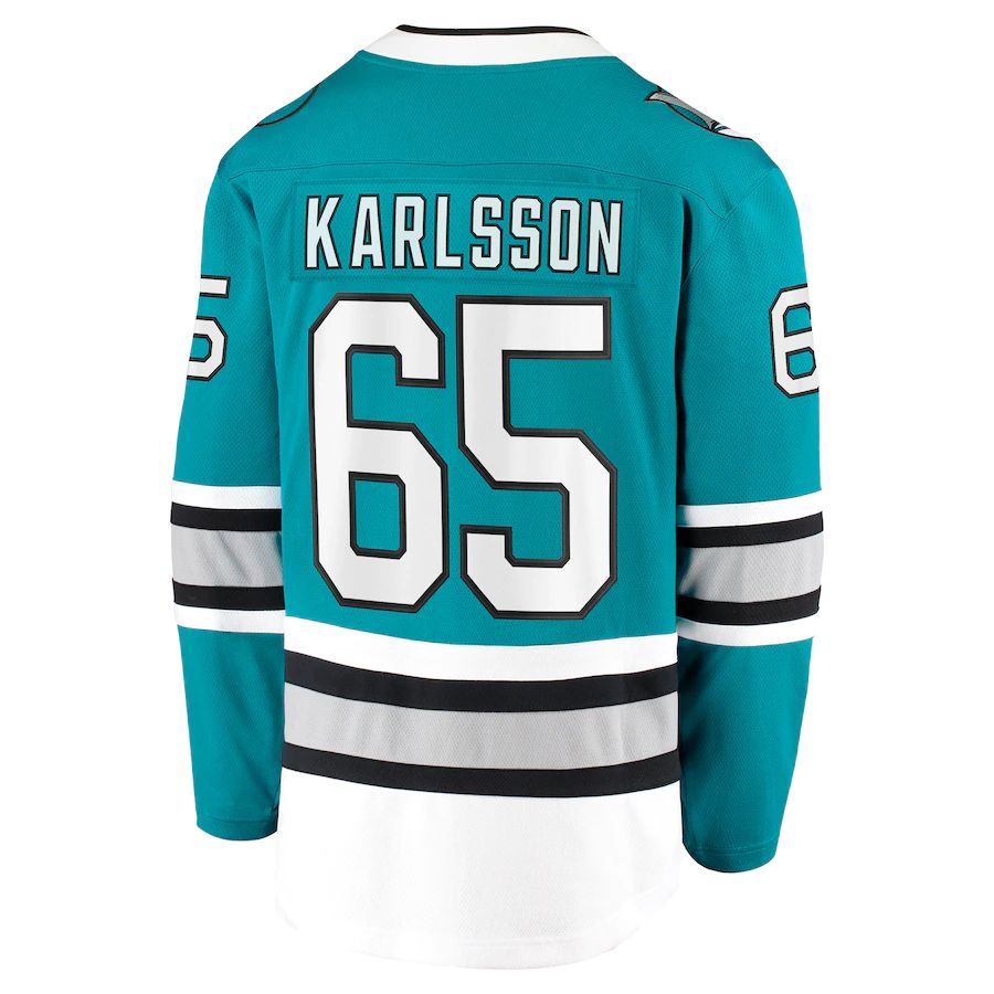 SJ.Sharks #65 Erik Karlsson Supporters Branded 30th Anniversary Premier Breakaway Player Jersey  Teal Stitched American Hockey Jerseys