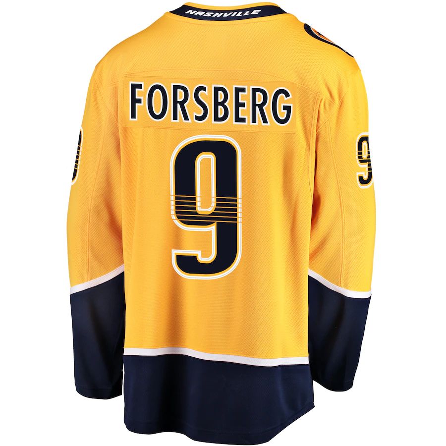 N.Predators #9 Filip Forsberg Supporters Branded Breakaway Player Jersey Gold Stitched American Hockey Jerseys