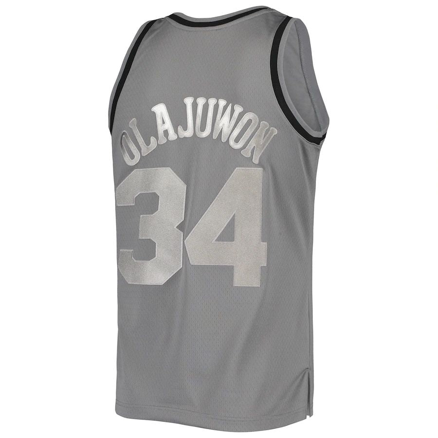 H.Rockets #34 Hakeem Olajuwon Mitchell & Ness Hardwood Classics Retired Player 1993-94 Metal Works Swingman Jersey Charcoal Stitched American Basketball Jersey