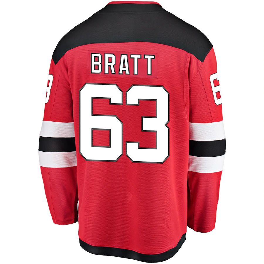 NJ.Devils #63 Jesper Bratt Supporters Branded Home Breakaway Player Jersey Red Stitched American Hockey Jerseys