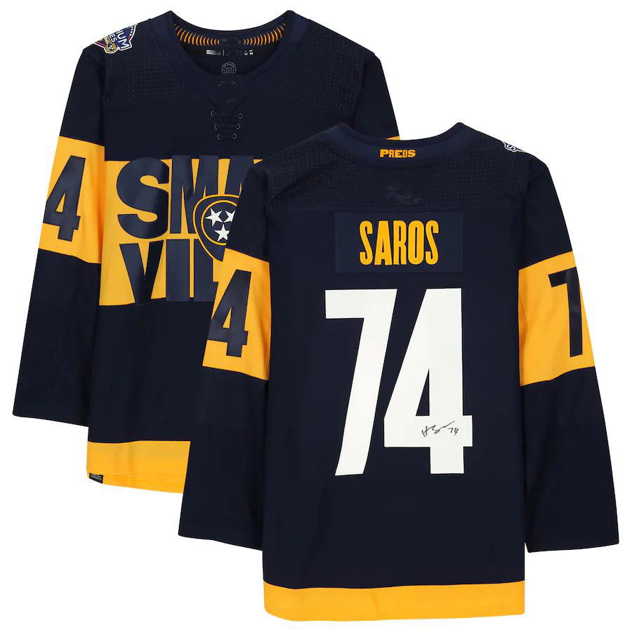 N.Predators #74 Juuse Saros Supporters Authentic Autographed 2022 Stadium Series Jersey Navy Stitched American Hockey Jerseys