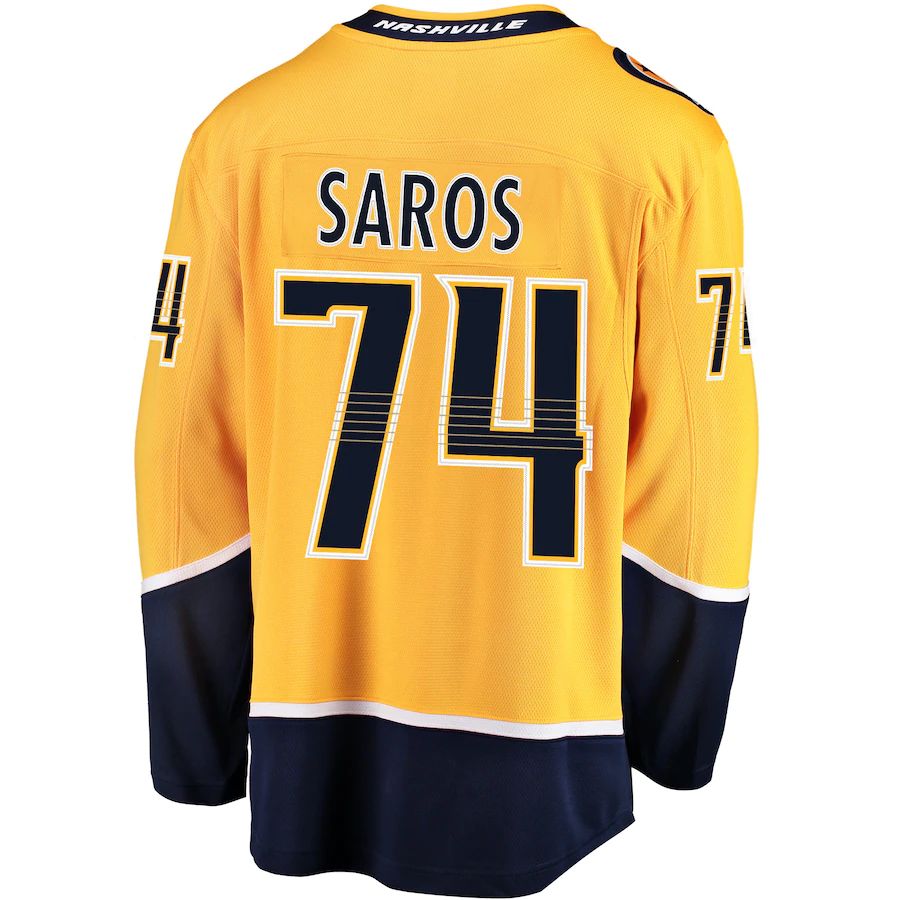 N.Predators #74 Juuse Saros Supporters Branded Home Premier Breakaway Player Jersey Gold Stitched American Hockey Jerseys