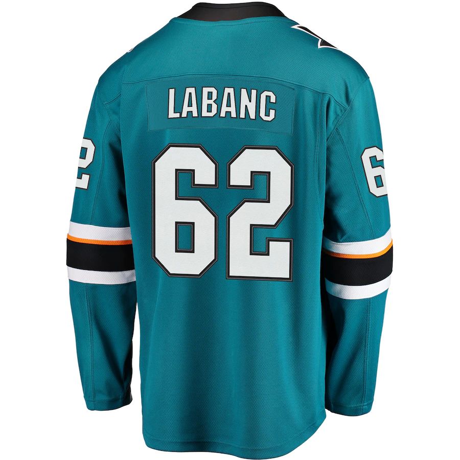 SJ.Sharks #62 Kevin Labanc Supporters Branded Breakaway Jersey Teal Stitched American Hockey Jerseys