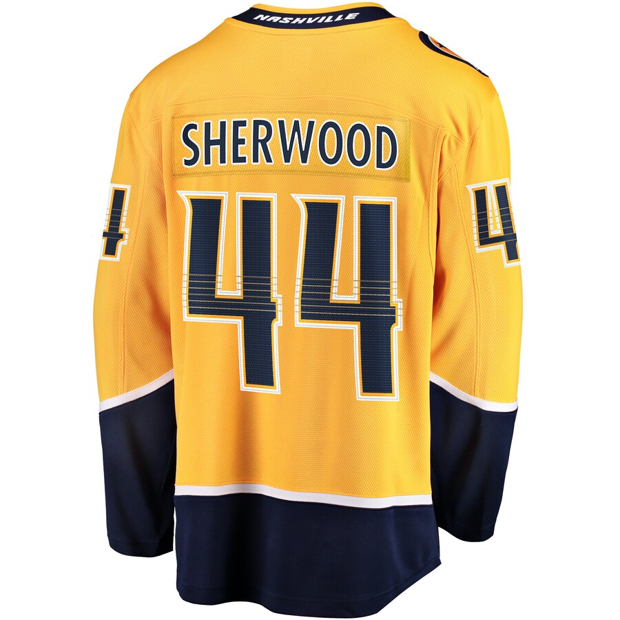 N.Predators #44 Kiefer Sherwood Supporters Branded Home Breakaway Player Jersey  Gold Stitched American Hockey Jerseys