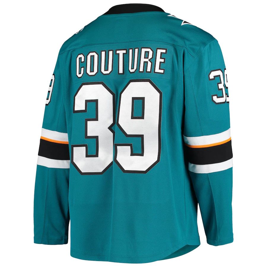 SJ.Sharks #39 Logan Couture Supporters Branded Home Alternate Captain Premier Breakaway Player Jersey Teal Stitched American Hockey Jerseys