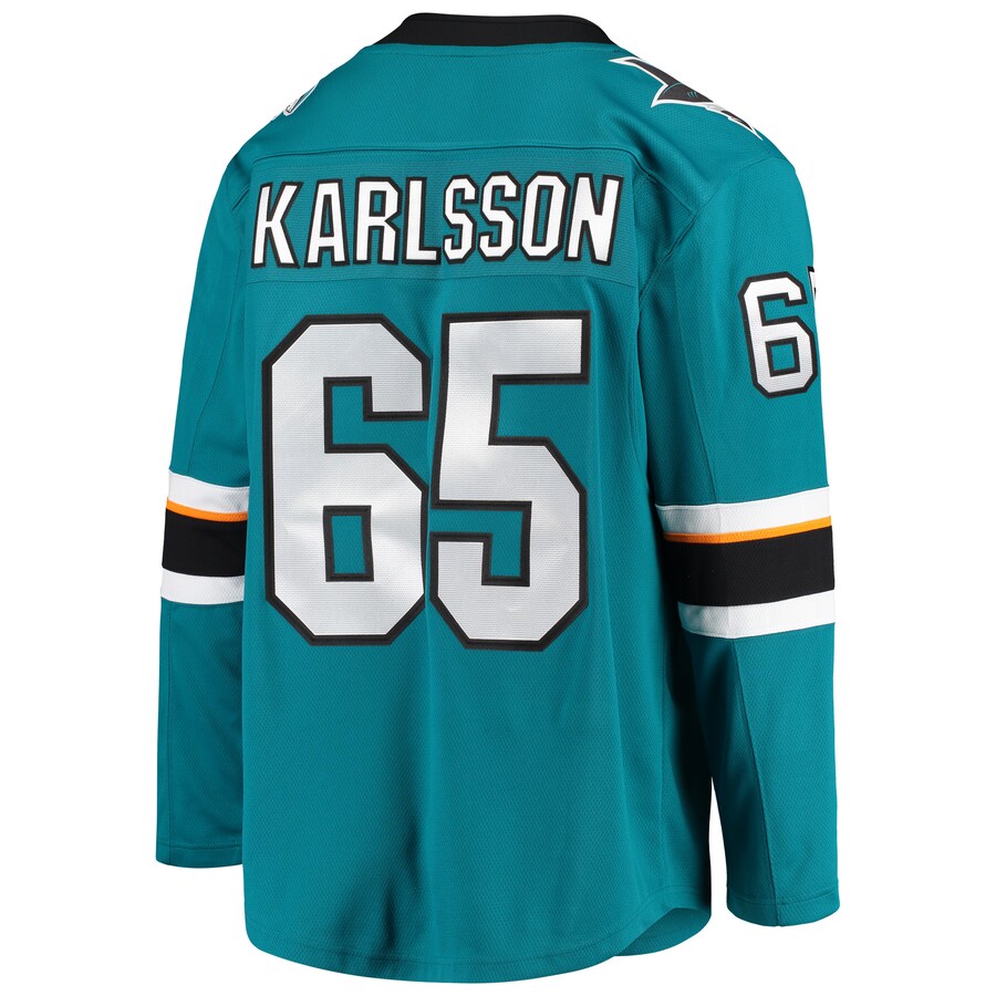 SJ.Sharks #65 Melker Karlsson Supporters Branded Breakaway Home Player Jersey  Teal Stitched American Hockey Jerseys