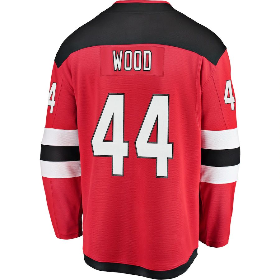 NJ.Devils #44 Miles Wood Supporters Branded Home Breakaway Player Jersey  Red Stitched American Hockey Jerseys