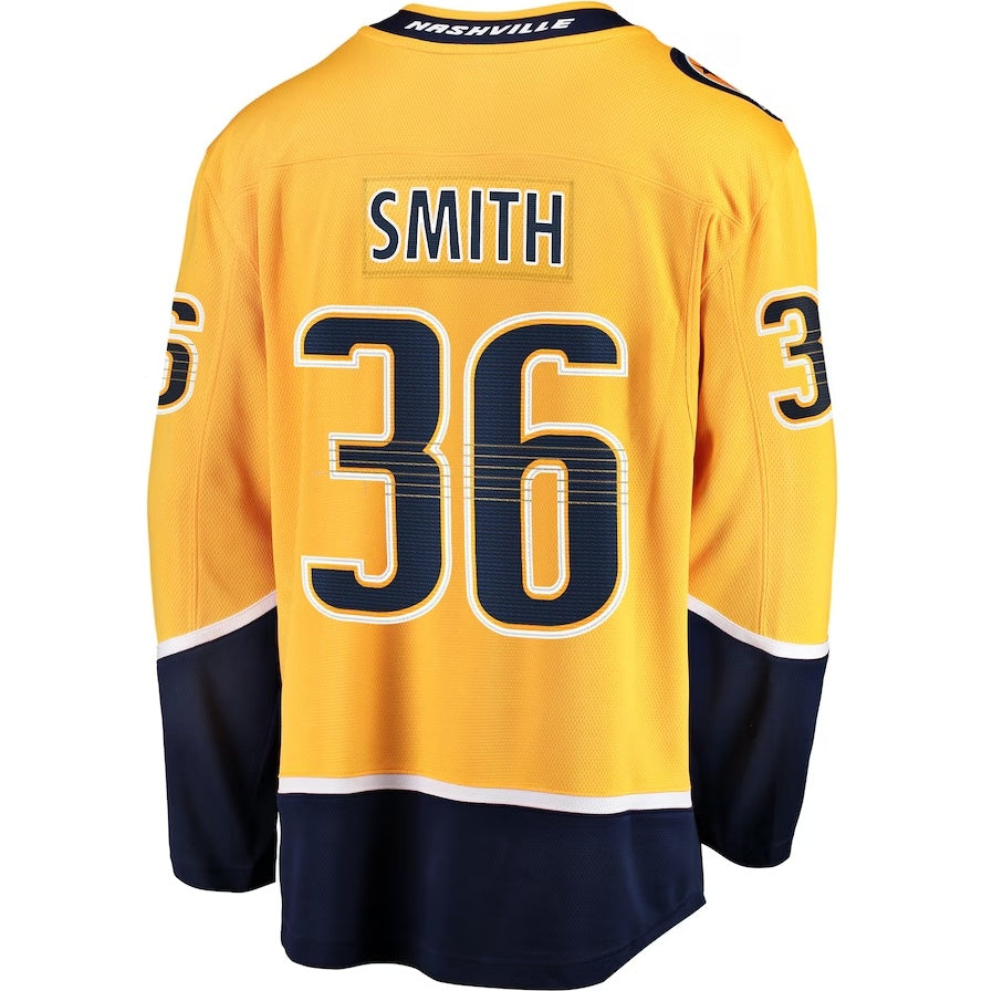 N.Predators #36 Cole Smith Supporters Premier Breakaway Player Jersey - Gold Stitched American Hockey Jerseys