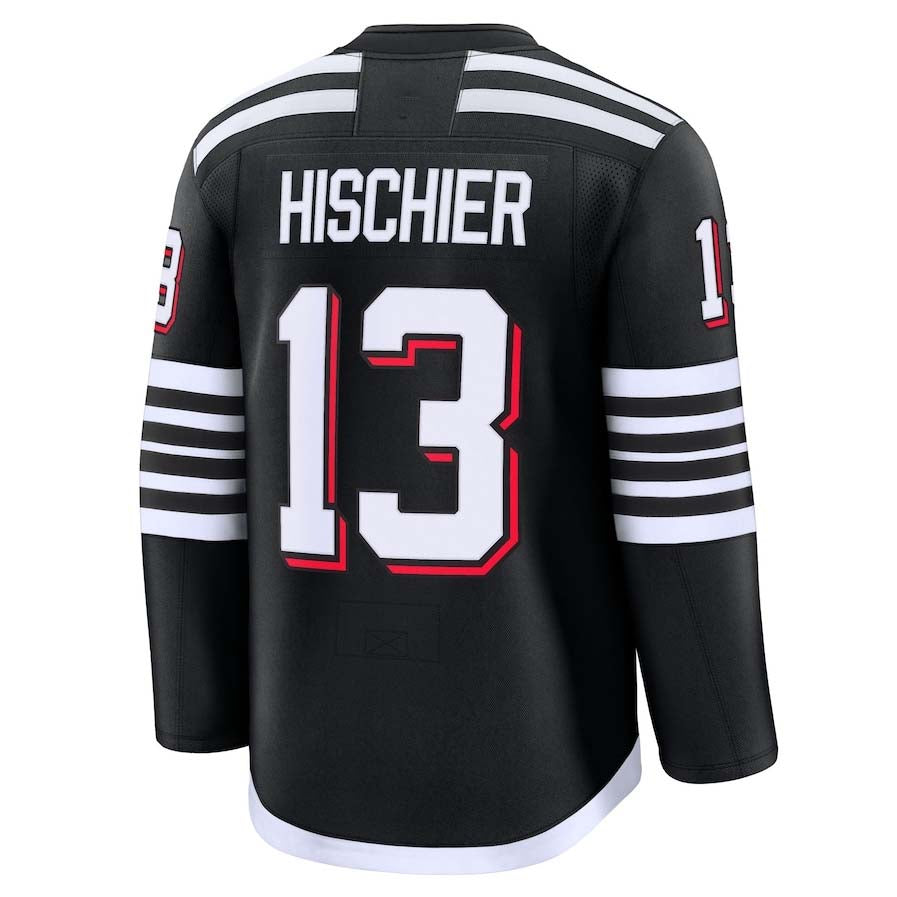 NJ.Devils #13 Nico Hischier Supporters Alternate Premium Jersey - Black Stitched American Hockey Jerseys