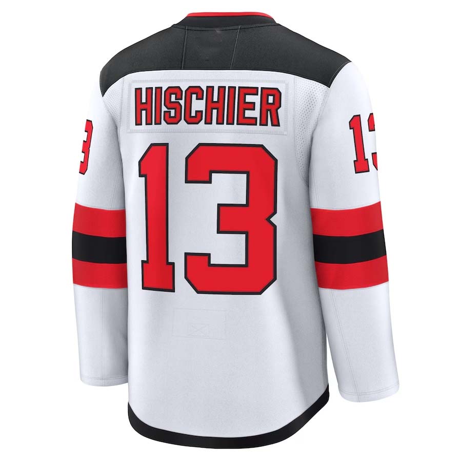 NJ.Devils #13 Nico Hischier Supporters Away Premium Jersey - White Stitched American Hockey Jerseys
