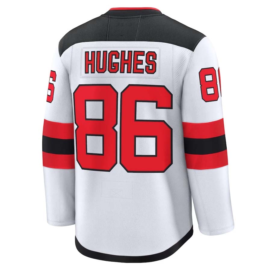 NJ.Devils #86 Jack Hughes Supporters Away Premium Jersey - White Stitched American Hockey Jerseys
