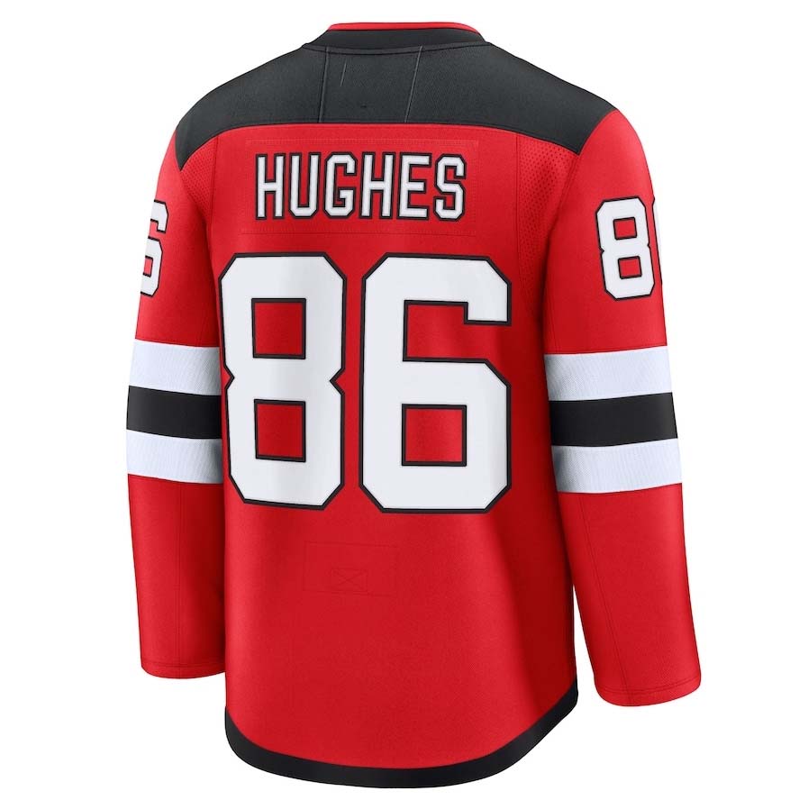 NJ.Devils #86 Jack Hughes Supporters Home Premium Jersey - Red Stitched American Hockey Jerseys