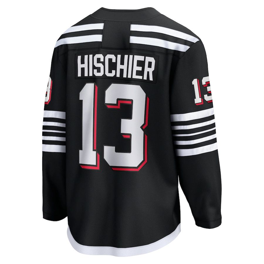 NJ.Devils #13 Nico Hischier Supporters Branded Alternate Premier Breakaway Player Jersey Black Stitched American Hockey Jerseys