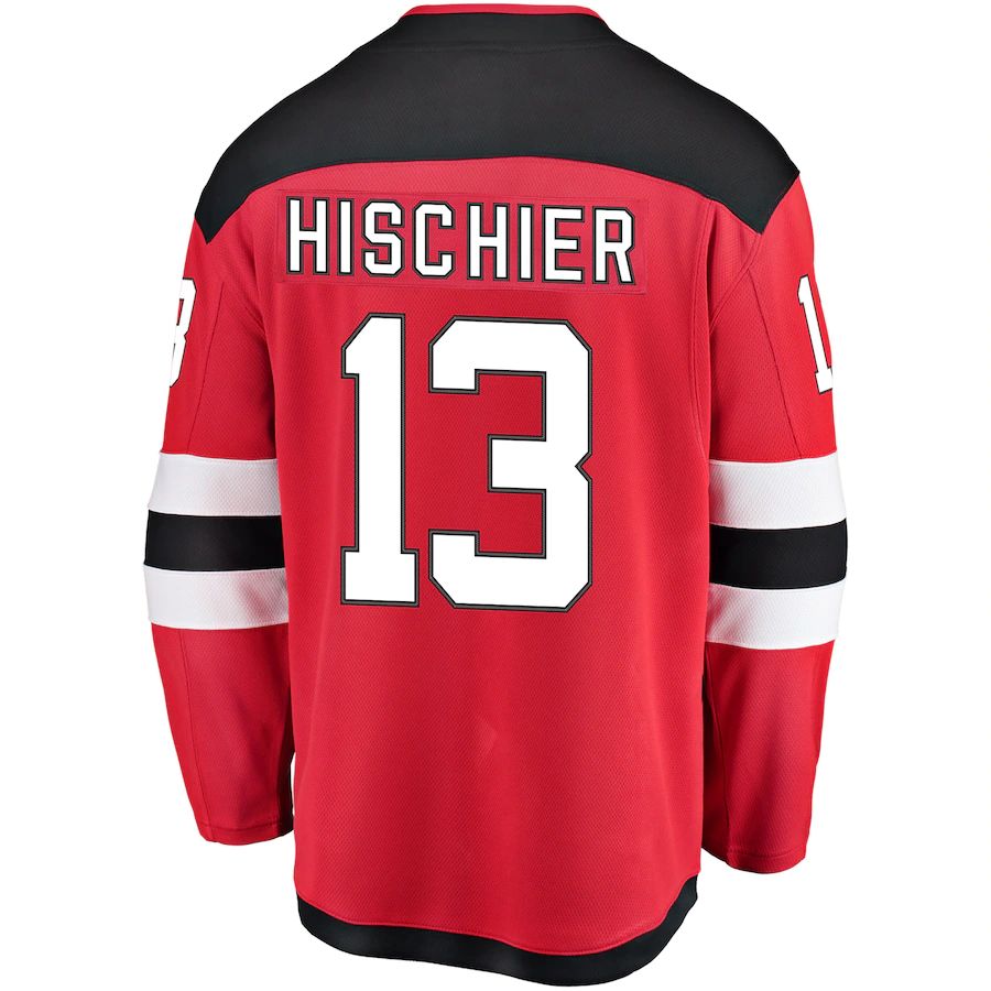 NJ.Devils #13 Nico Hischier Supporters Branded Breakaway Player Jersey Red Stitched American Hockey Jerseys