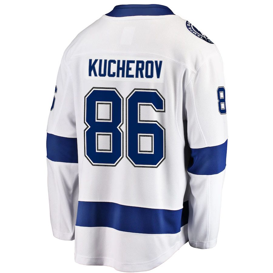 TB.Lightning #86 Nikita Kucherov Supporters Branded Away Premier Breakaway Player Jersey White Stitched American Hockey Jerseys