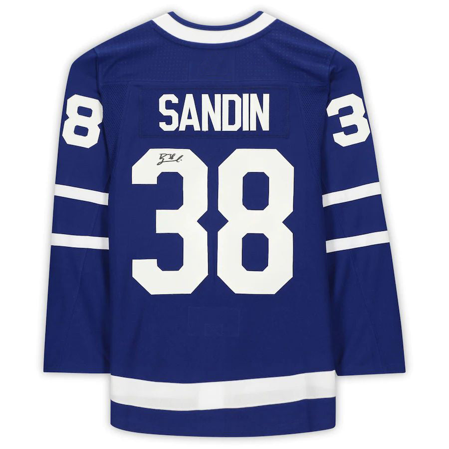 T.Maple Leafs #38 Rasmus Sandin Supporters Authentic Autographed Blue Stitched American Hockey Jerseys