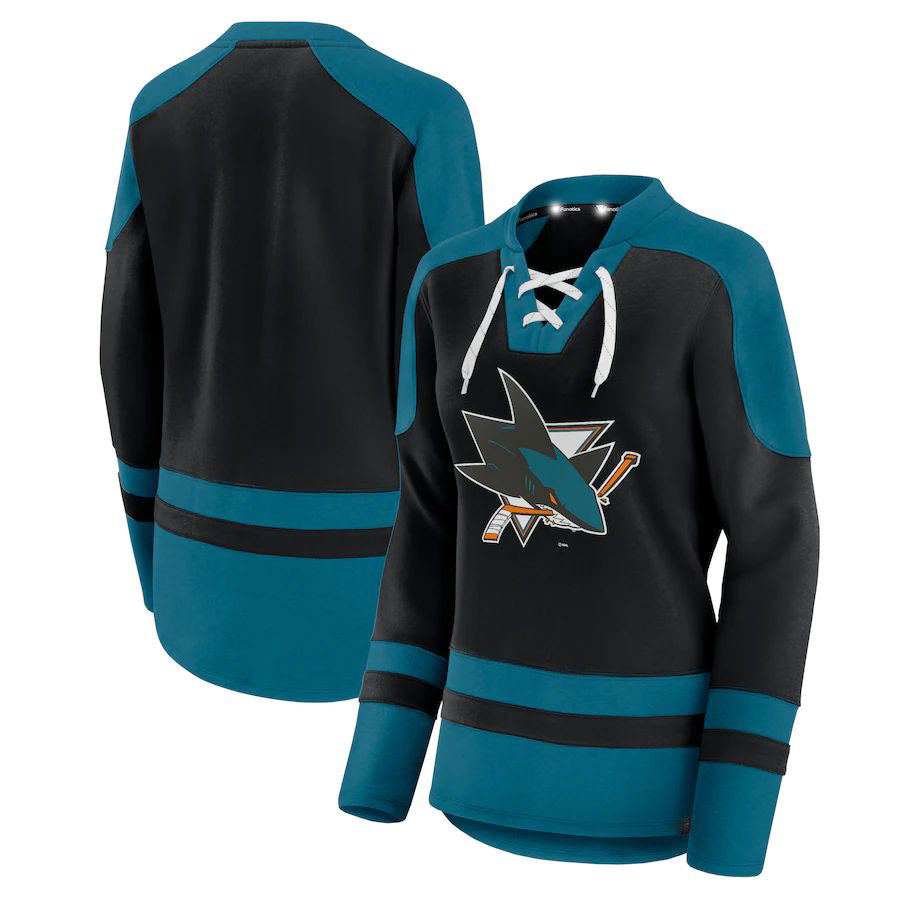 SJ.Sharks Supporters Branded Net Gain Fleece V-Neck Pullover Sweatshirt  Black Stitched American Hockey Jerseys