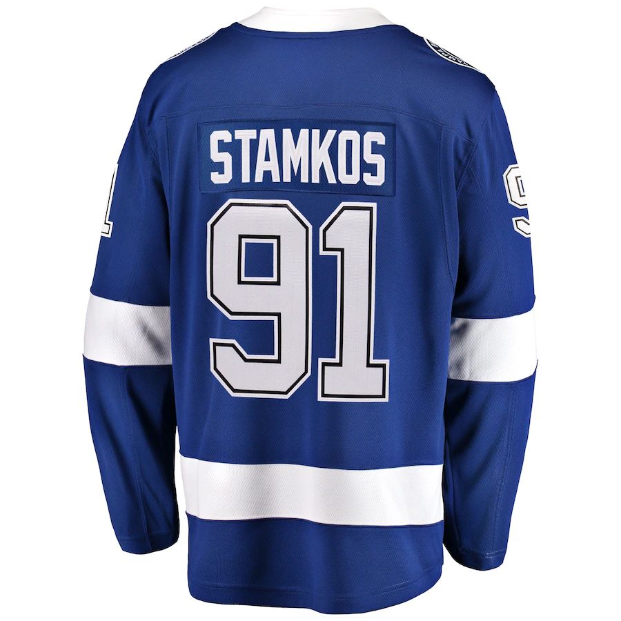 TB.Lightning #91 Steven Stamkos Supporters Branded Home 2022 Stanley Cup Final Breakaway Player Jersey Blue Stitched American Hockey Jerseys