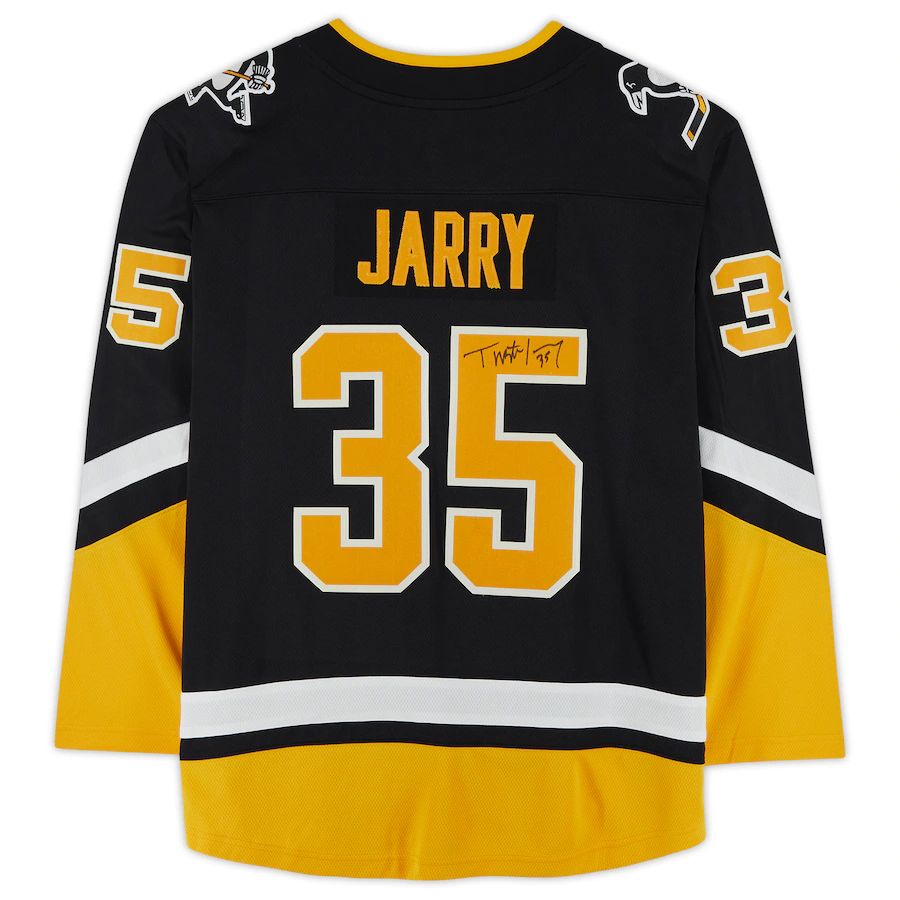 P.Penguins #35 Tristan Jarry Supporters Authentic Autographed Alternate Breakaway Jersey Black Stitched American Hockey Jerseys
