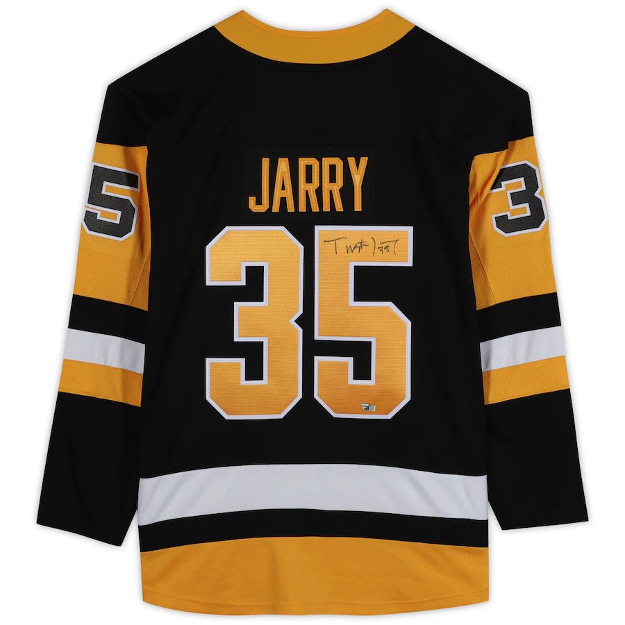 P.Penguins #35 Tristan Jarry Supporters Authentic Autographed Breakaway Jersey Black Stitched American Hockey Jerseys