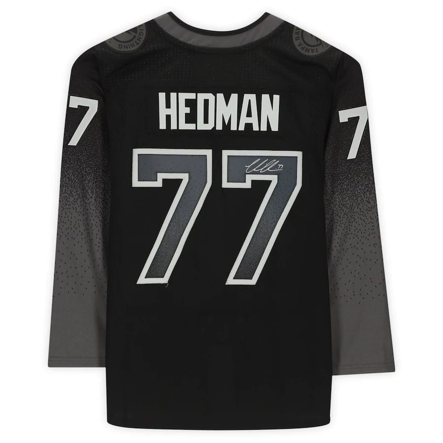 TB.Lightning #77 Victor Hedman Supporters Authentic Autographed Black Alternate Jersey Stitched American Hockey Jerseys